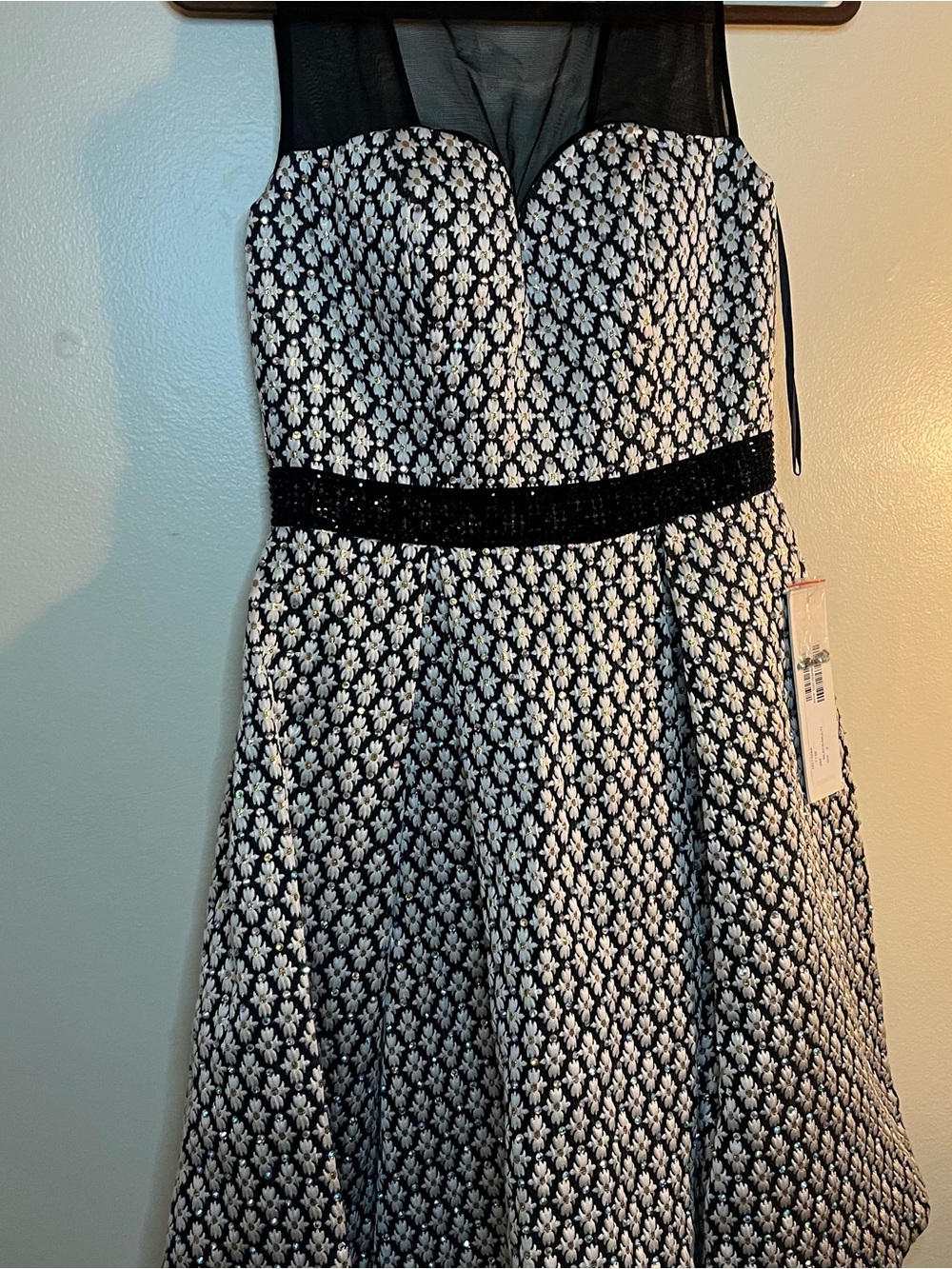 Jovani Black and White Floral Midi Dress with Mesh Yoke cocktail dress